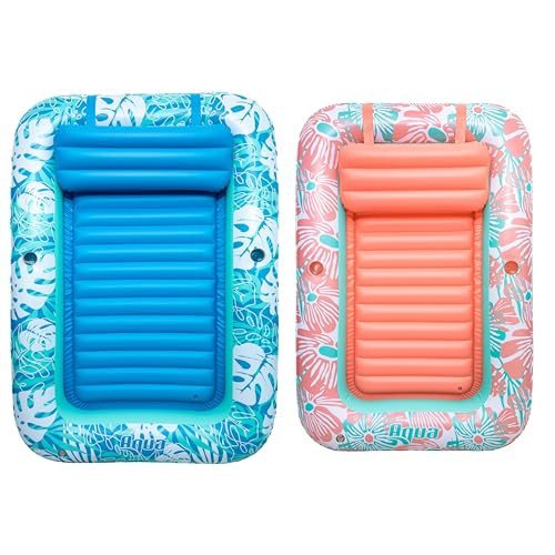 Bundle of Aqua Inflatable Tanning Pool Lounger – Large (71 x 48 in) + XL (80 x 56 in) – with Cupholders and Removeable Pillow for Relaxation and Fun, Pink Flower Coral +Teal Palms Pattern | Amazon (US)