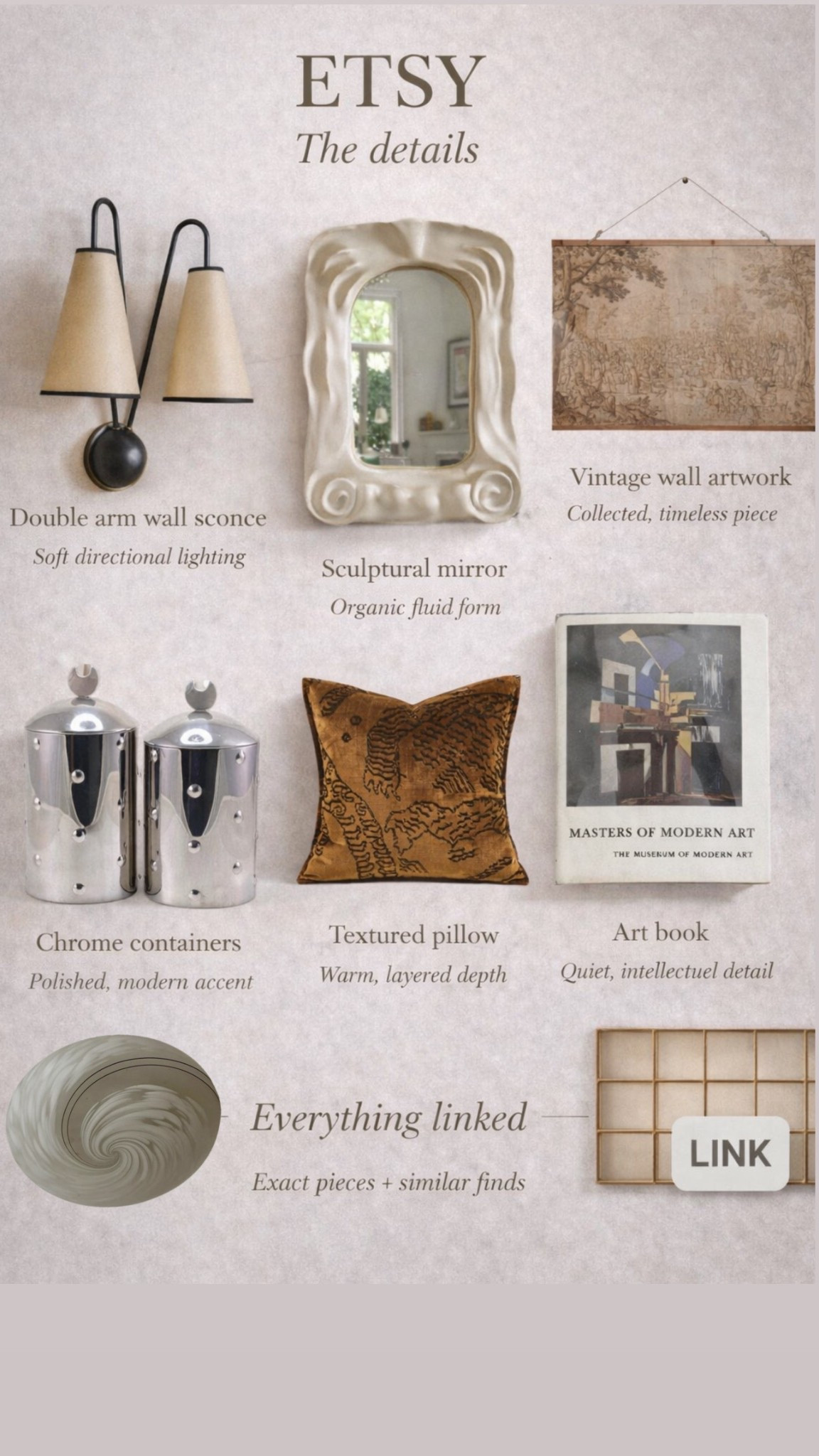 A softer, more sculptural edit from my current @Etsy finds. Lately I’ve been gravitating toward pieces that feel tactile and understated — clouded glass, aged brass, raw ceramics, and textiles with muted depth. Everything here has that quiet presence that elevates a space without overwhelming it. I’m especially drawn to the balance of function and form — lighting that doubles as sculpture, storage that feels considered, and vintage elements that add warmth and history. These are the kinds of pieces that don’t just fill a space, they define it. Save this if you’re building a home that feels collected, calm, and intentional 🤍 #ad #Etsy #EtsyCreatorCo