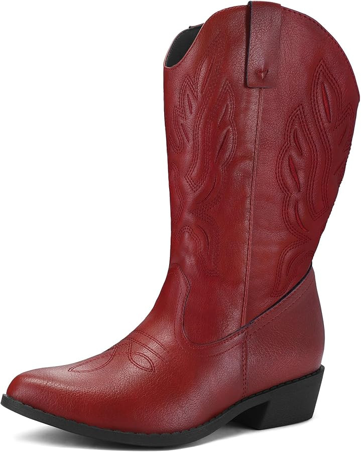 mysoft Women's Wide Calf Cowboy Boots Pull-On Mid-Calf Embroidered Pointed Toe Retro Western Boot... | Amazon (US)