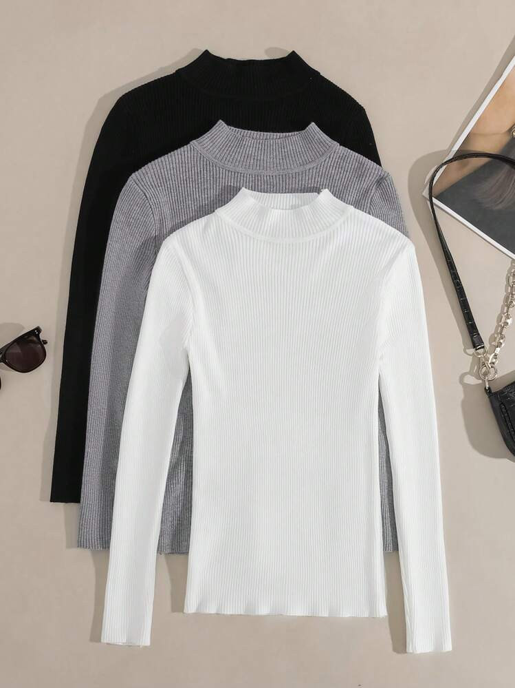 3pcs Set Stand Collar Ribbed Knit Sweater & Long Sleeve Top | SHEIN