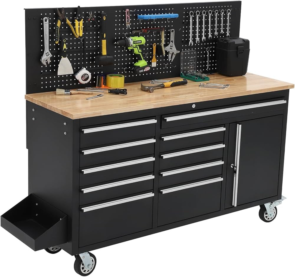 61" Workbench, Rolling Tool Chest, Heavy Duty Wood Top Work Table with Drawers and Pegboard, Work... | Amazon (US)