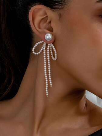 Trends1pair Glass Pearl Long Tassels Beaded Earrings With Bow Knot Design, Elegant Women's Party ... | SHEIN