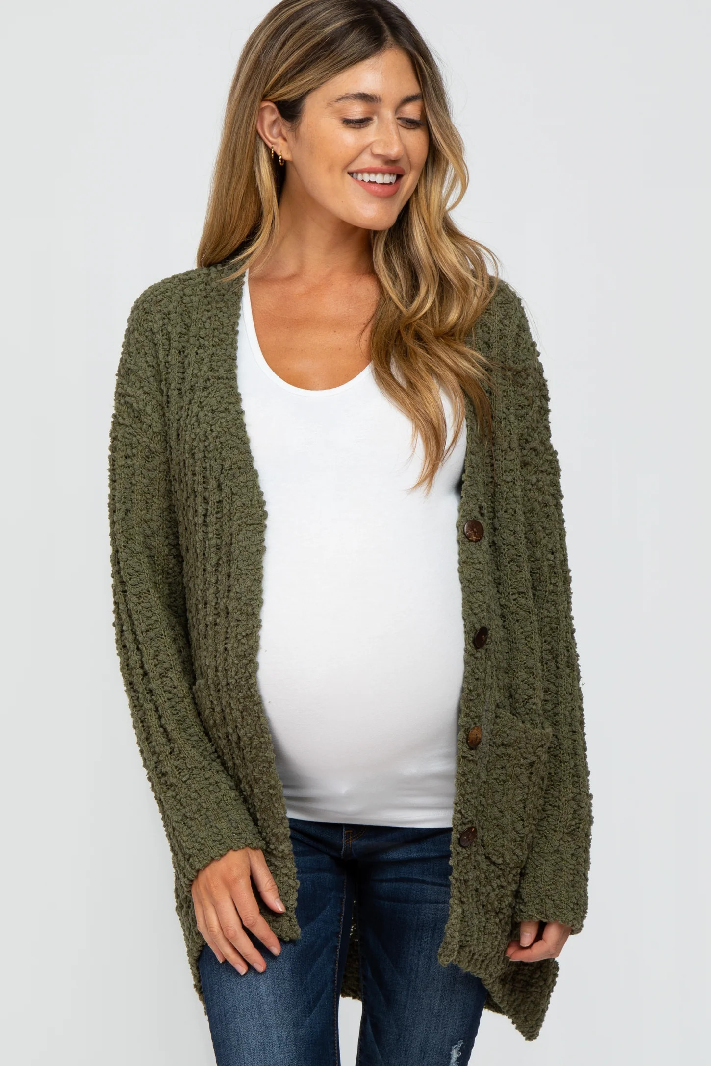 Olive Popcorn Knit Hi-Low Maternity Cardigan | PinkBlush Maternity