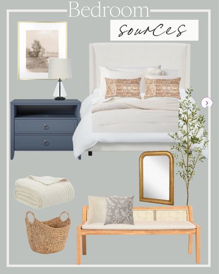 All the sources for this very affordable bedroom! Upholstered bed, bench, nightstand, throw pillows, budget styling, gold frames. #bedroomstyling

#LTKhome #LTKunder100 #LTKunder50