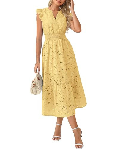 GRACE KARIN Womens Summer Boho Maxi Dress Casual 2026 Spring V Neck Eyelet Dresses Flowy Vacation Beach Sundress with Pockets Yellow 2XL | Amazon (US)