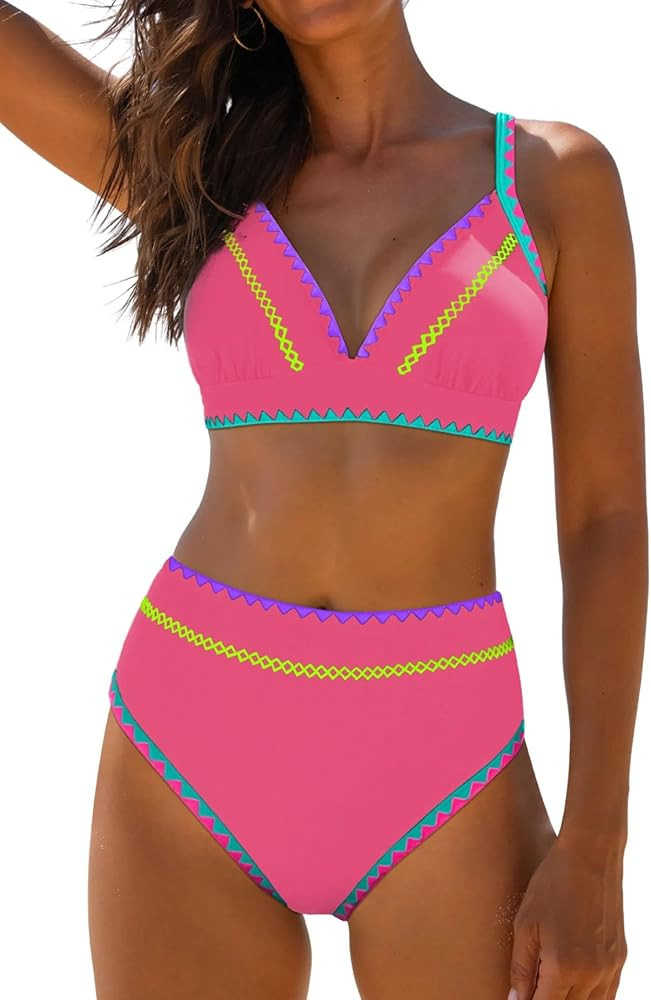 popvil High Waisted Bikini Sets for Women Tummy Control Swimsuits Neon Two Piece V Neck Drawstrin... | Amazon (US)