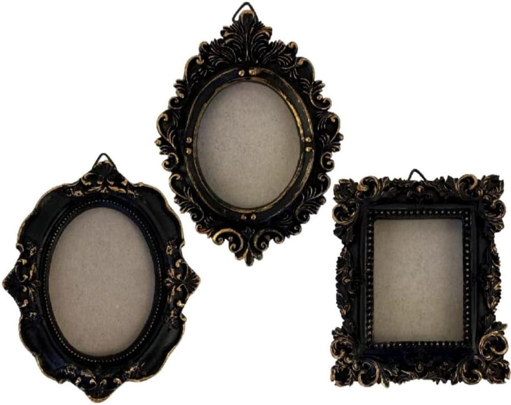 Vintage Decorative Mini Picture Frames Set, Black with Gold Accents, 3 Pack Antique Style Resin Photo Frames for Wall Display, DIY Jewelry, Photography (Black gold) | Amazon (US)