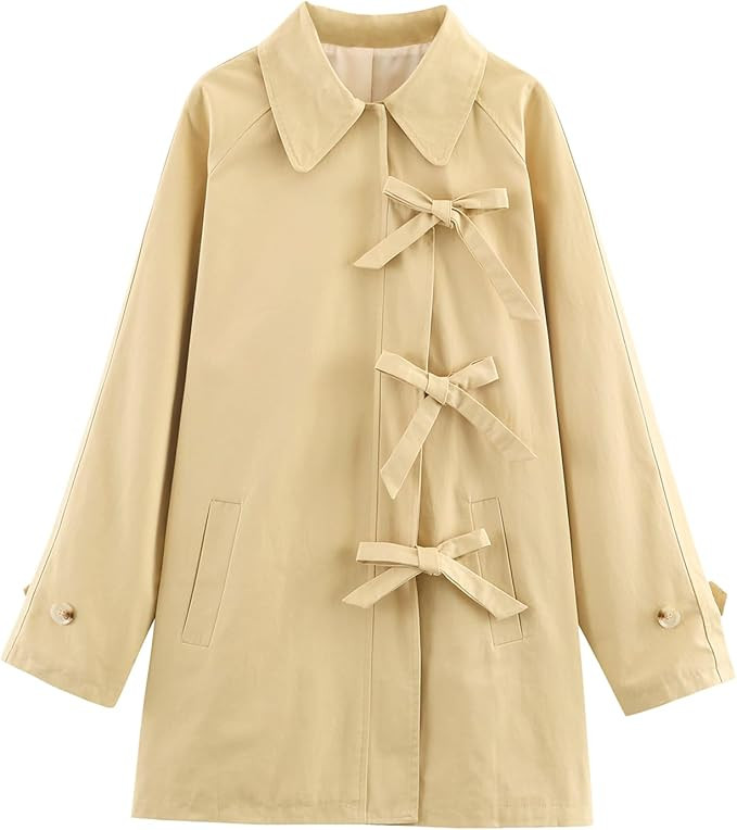 Women's Bow Toggle Trench Coat, 100% Cotton Button Down Windproof Oversized Lightweight Peacoat O... | Amazon (US)