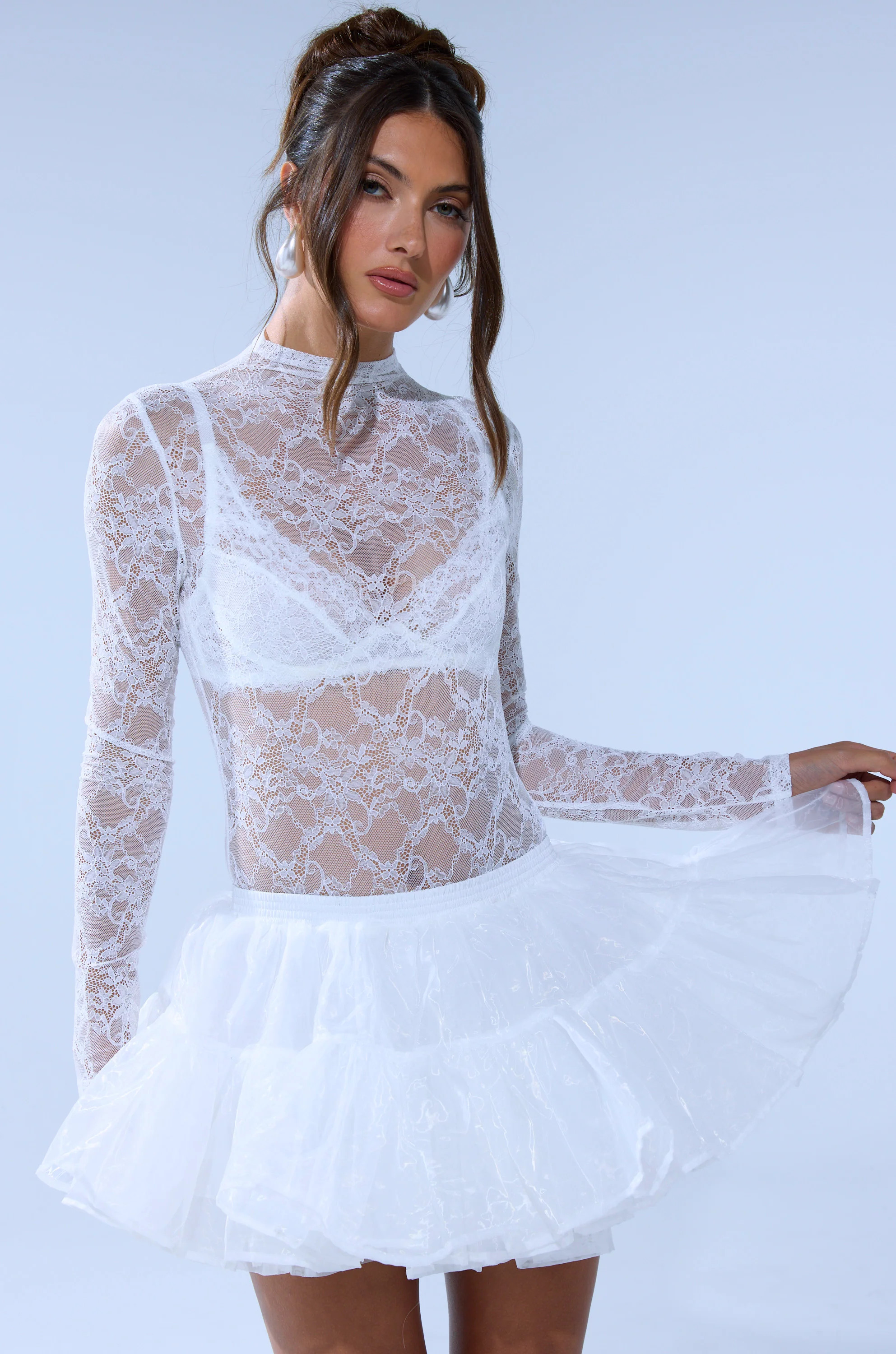EVERYDAY MOCK NECK LACE BODYSUIT IN WHITE | AKIRA
