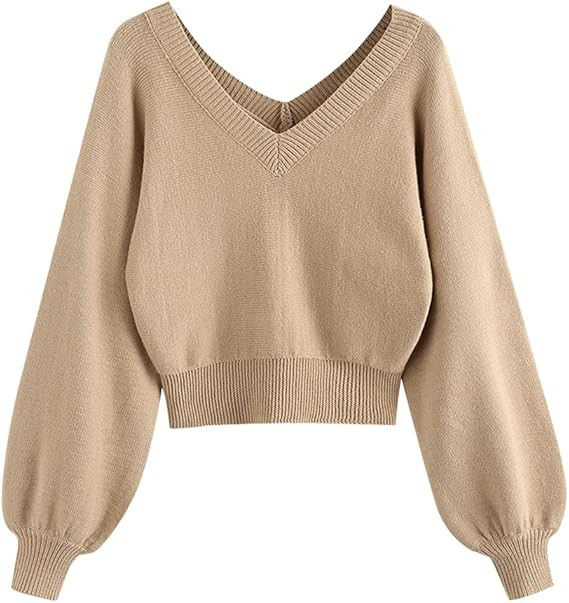ZAFUL Damen Sweater, langärmelige doppeltem V-Ausschnitt Laterne Ärmel Kurzer Pullover Sweater | Amazon (DE)