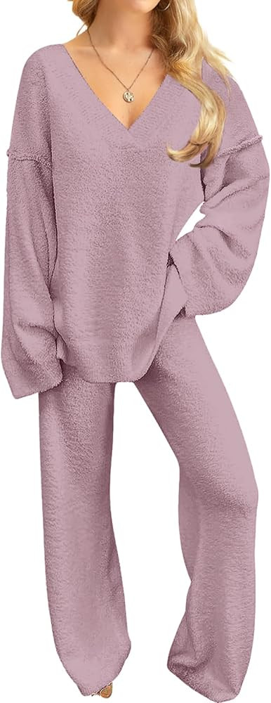 NORACORA Womens 2 Piece Fuzzy Fleece Lounge Sets Long Sleeve V Neck Pajama Set Fluffy Pjs Matchin... | Amazon (US)