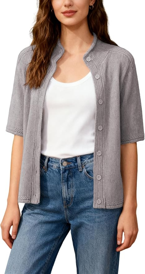 Bankeng Cropped Short Sleeve Cardigan Sweaters for Women Stand Up Collar Button Down Lightweight ... | Amazon (US)