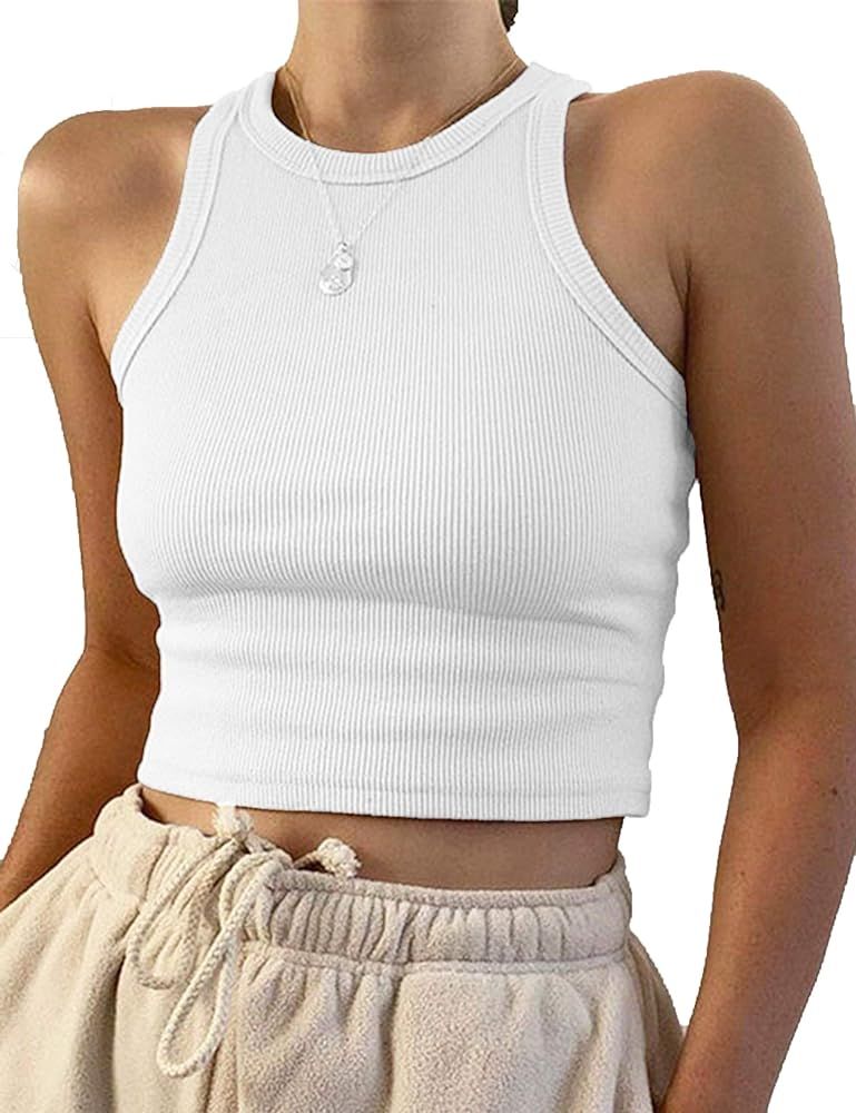 Meladyan Women's Basic Solid O Neck Rib-Knit Crop Vest Sleeveless Racerback Cropped Sports Tank Tops | Amazon (US)