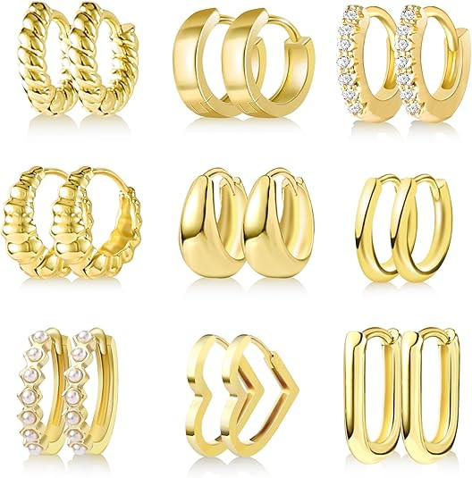 9 Pairs Small Gold Huggie Hoop Earrings Set for Women, 14K Real Gold Plated Hypoallergenic Cartil... | Amazon (US)