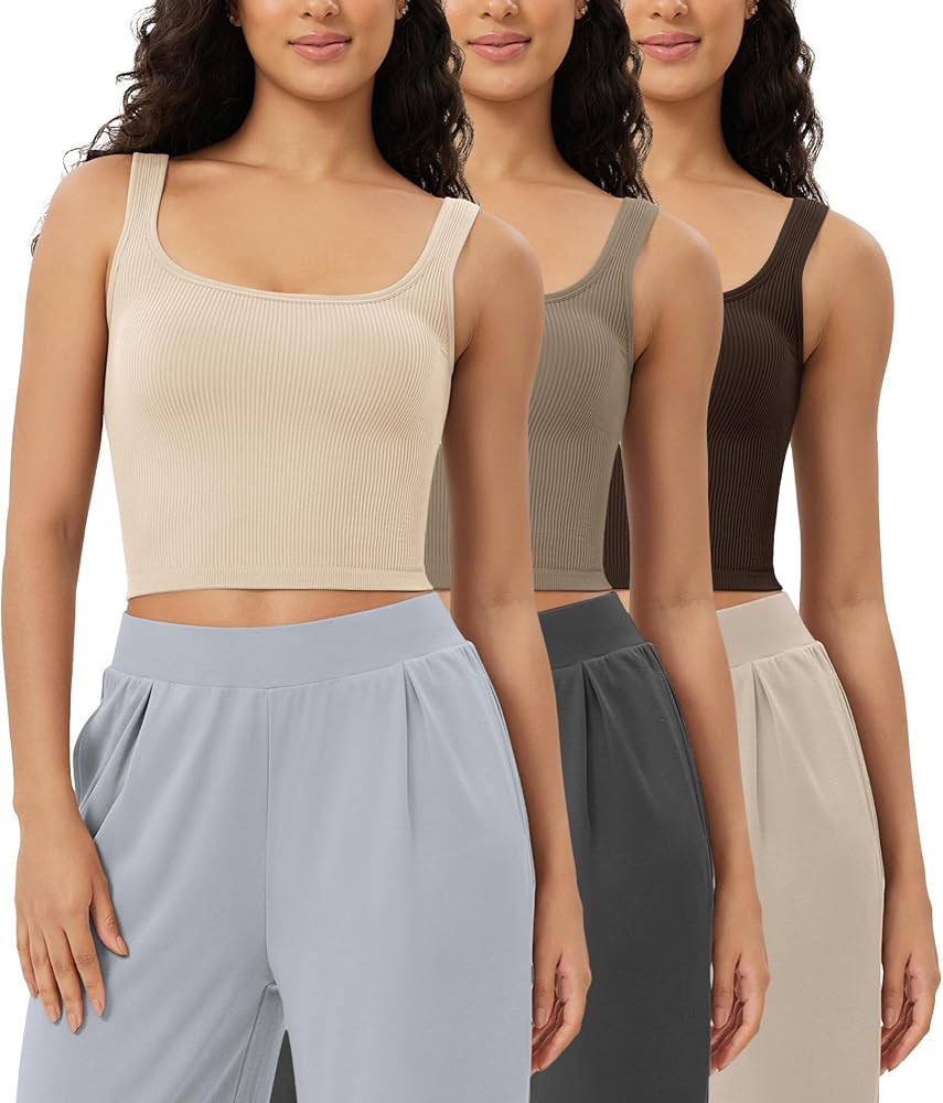 ODODOS 3-Pack Seamless Square Neck Crop Tank for Women Ribbed Knit Soft Low Back Cropped Tops | Amazon (US)