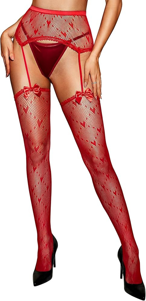 RSLOVE Fishnet Thigh High Stockings – Sexy Heart Thigh High Socks High Waist Garter Belt Suspen... | Amazon (US)