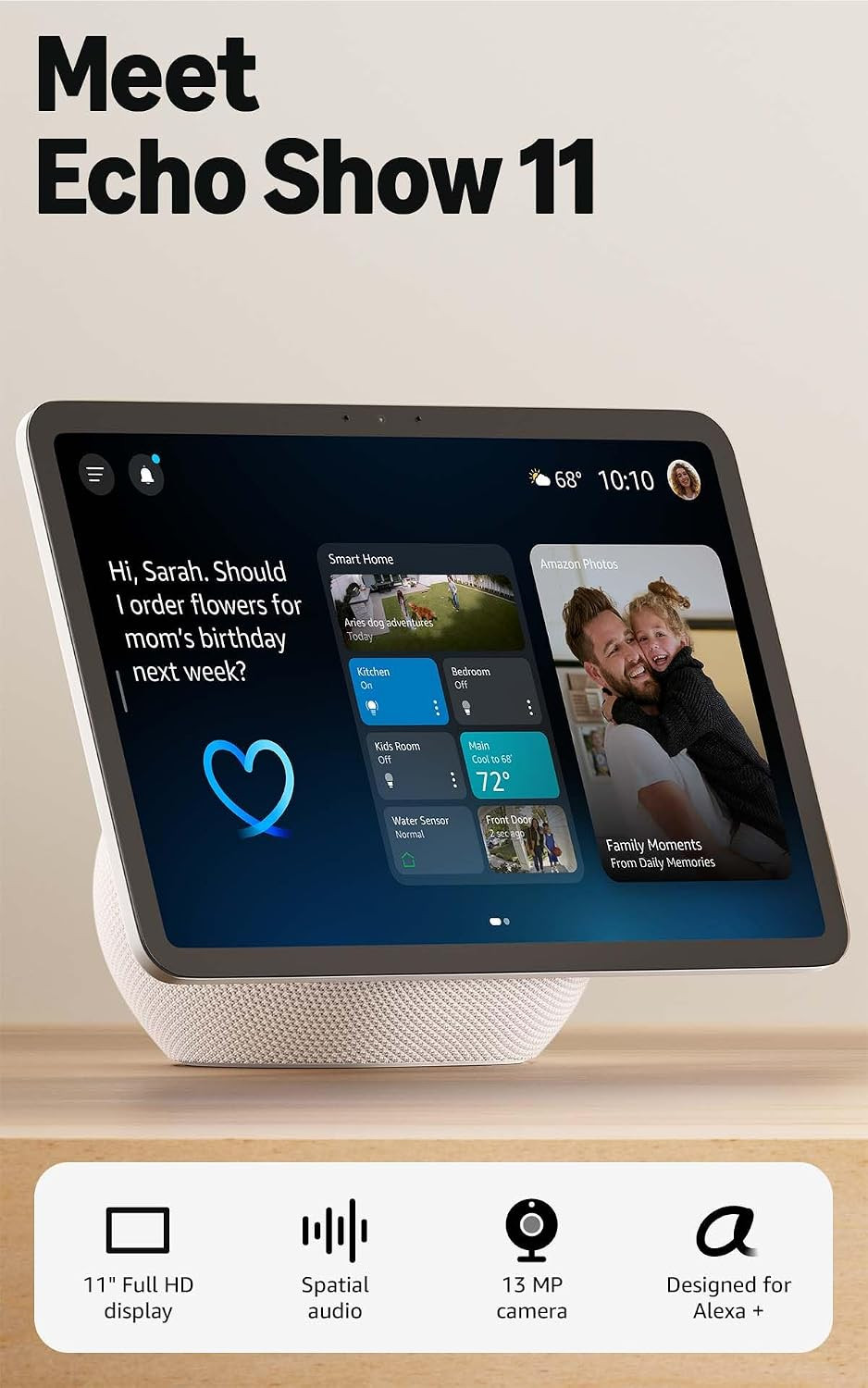 Amazon Echo Show 11 (newest model), Vibrant Full-HD 11" display with more viewing area and spatial audio, Designed for Alexa+, Glacier White | Amazon (US)