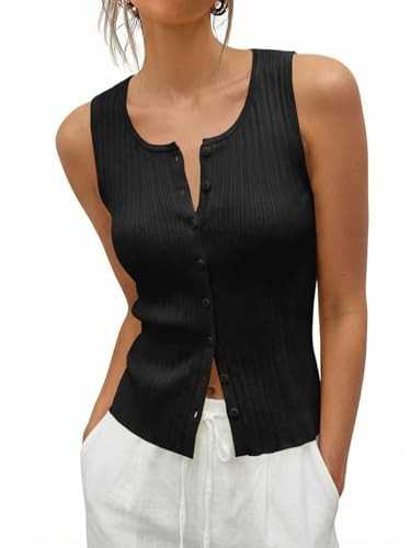 Saodimallsu Womens Sleeveless Sweater Vest Button Down Ribbed Knit Tank Top Scoop Neck Summer Tre... | Amazon (US)