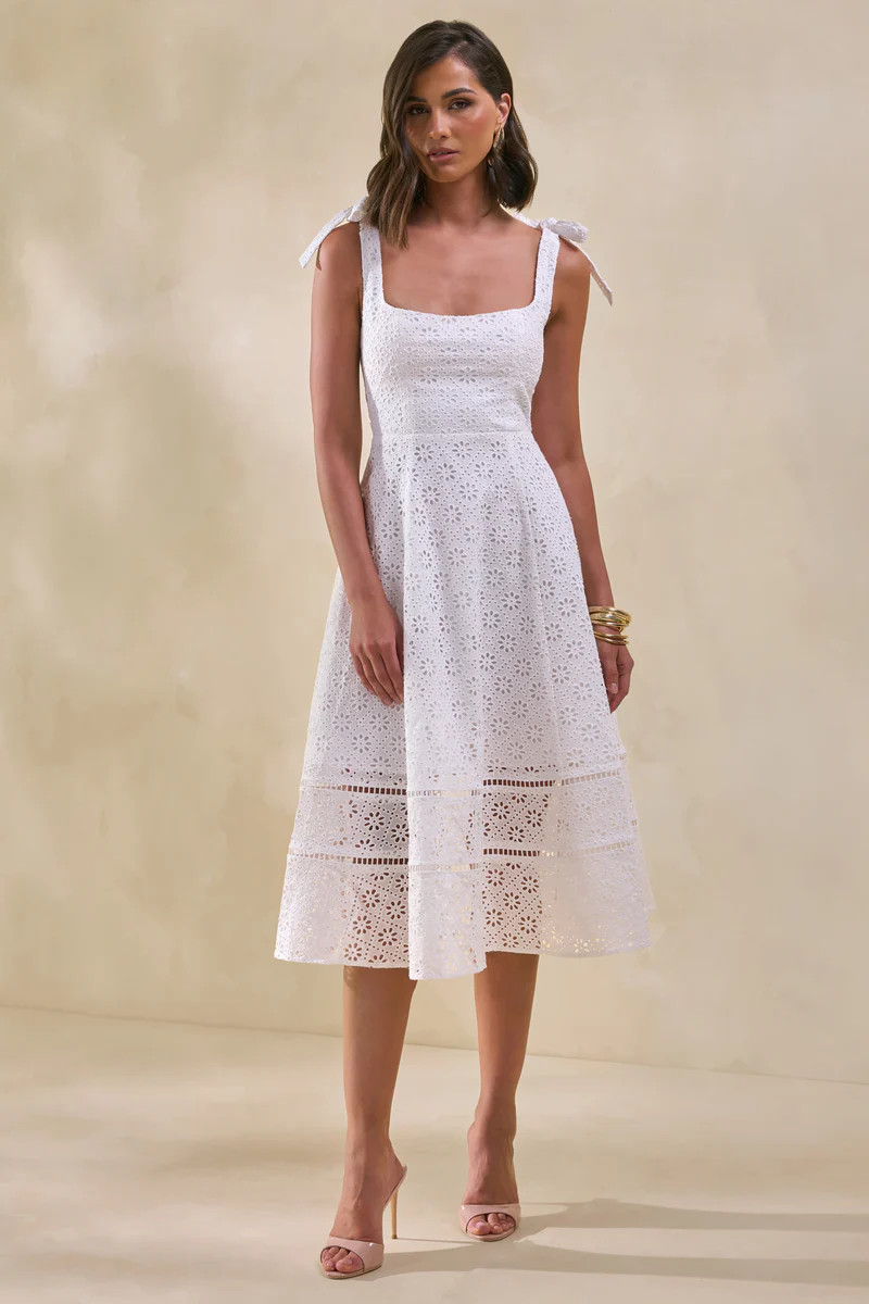 Veralia  White Broderie Square-Neck Midi-Dress With Bow-Sleeves | Club L London