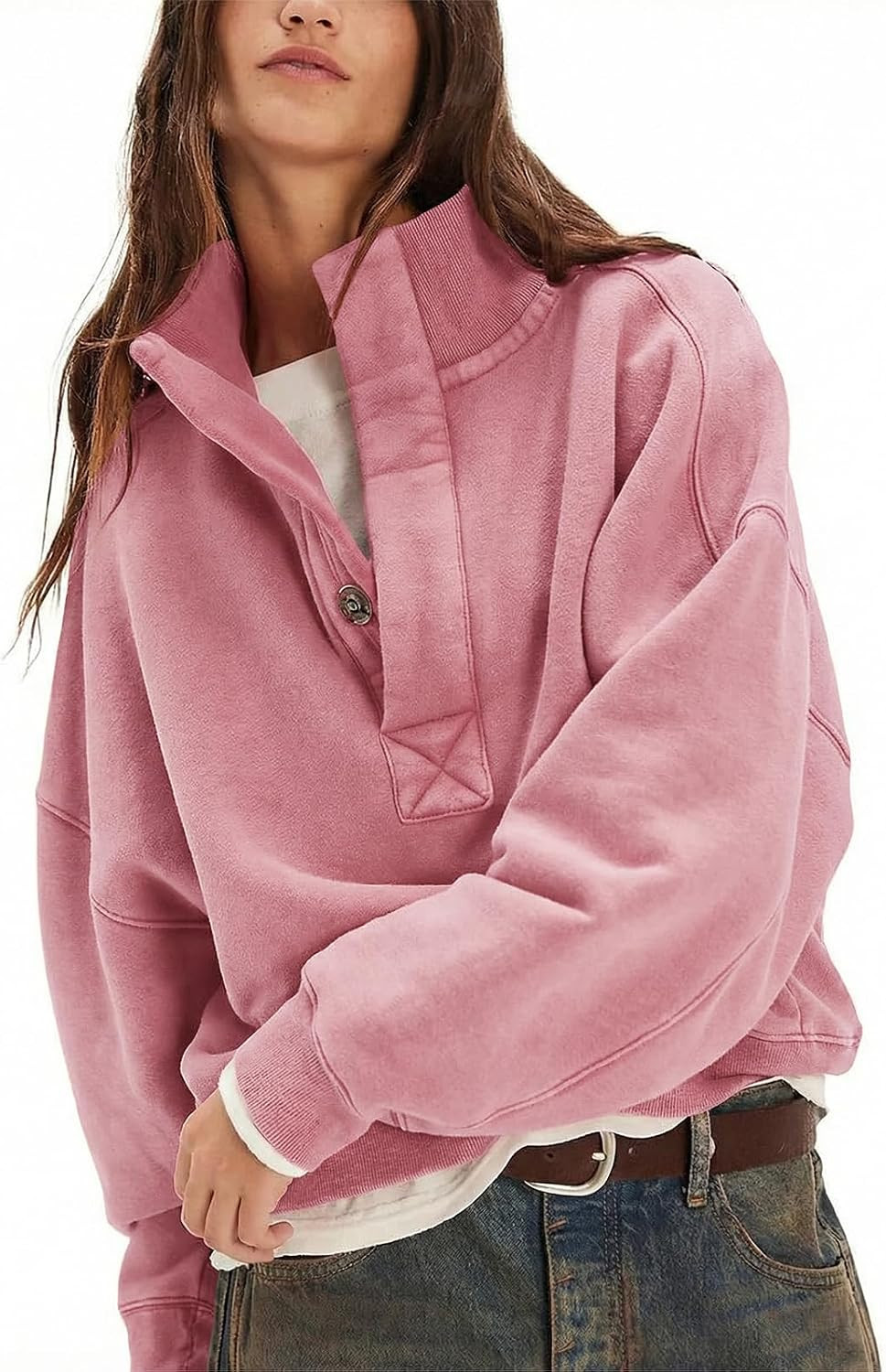 Gnveub Sweatshirt for Women Oversized Henley Neck Long Sleeve Button Pullover Tops Trendy Outfits Clothes | Amazon (US)