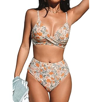 CUPSHE Women's Bikini Sets Two Piece Swimsuit High Waisted V Neck Twist Front Adjustable Spaghett... | Amazon (US)