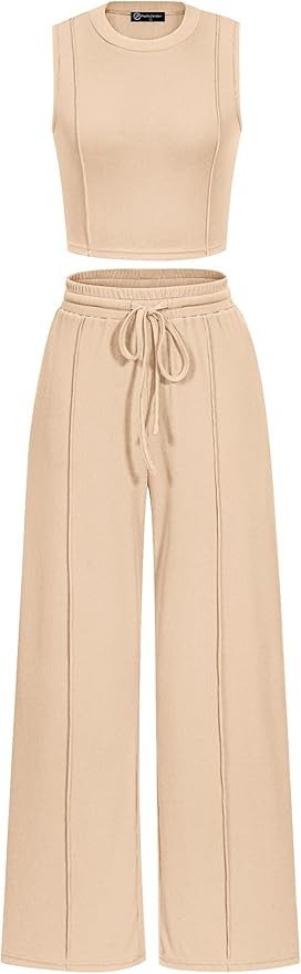 Pretty Garden Womens 2 Piece Summer Ribbed Knit Sleeveless Crop Tank Tops Wide Leg Casual Pants | Amazon (US)