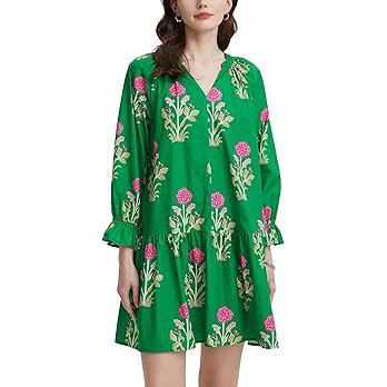 Women's 2026 Summer Boho Floral Mini Dress V Neck Puff Long Sleeve Ruffle Tiered Flowy Beach Vaca... | Amazon (US)
