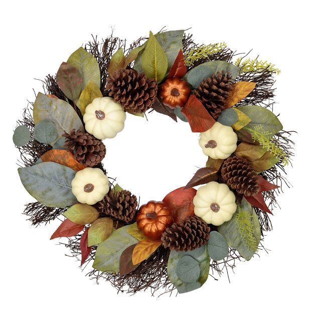 Northlight Pumpkin, Pinecone, and Gourd Artificial Fall Harvest Wreath, 24-Inch, Unlit | Target