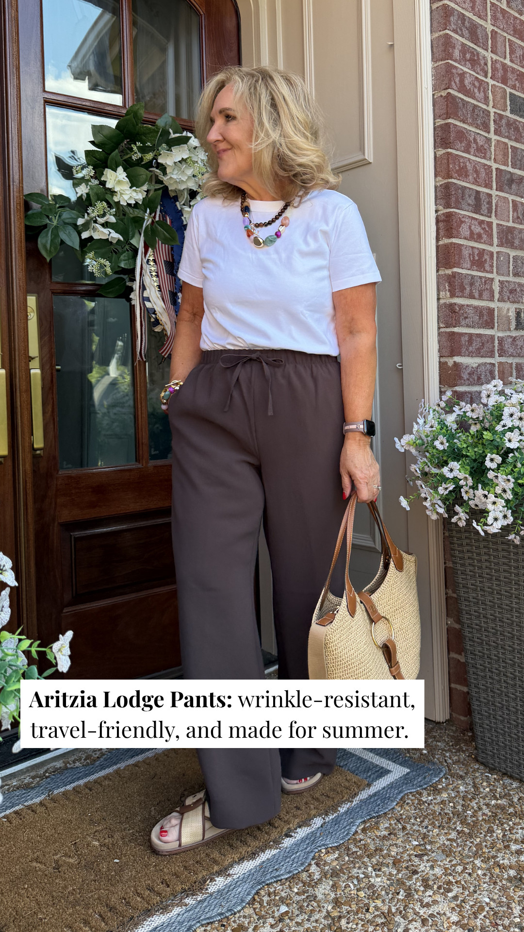 The Aritzia Lodge Pants are lightweight, wrinkle-resistant, and incredibly comfortable for long travel days. They drape beautifully, pack like a dream, and still look polished when you step off the plane. Paired with a simple white tee and raffia accessories. 🫶🏻 

 #LTKootd #LTKSeasonal #LTKTravel