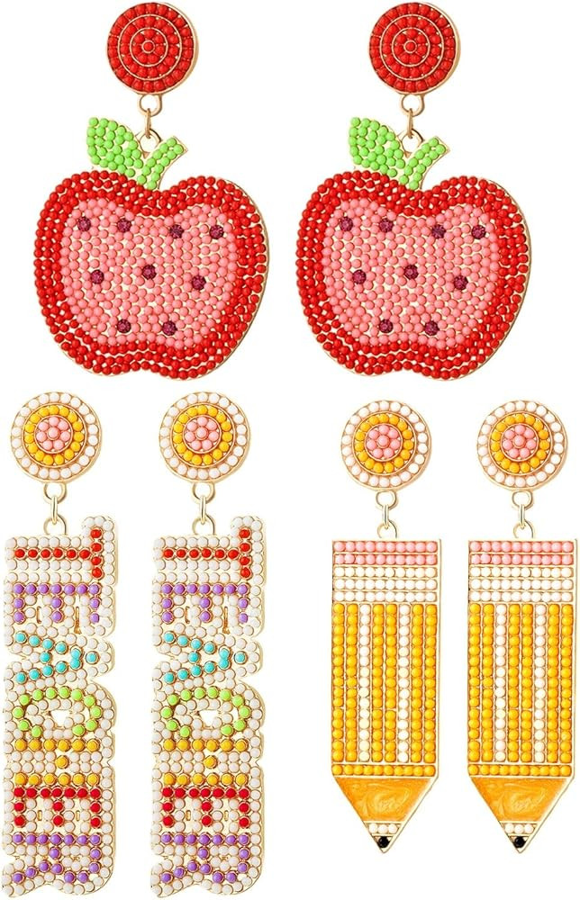 Teacher Gift Earrings for Women Rhinestone Beaded Dangle Drop Pencil FRIYAY Earrings Colorful Tea... | Amazon (US)