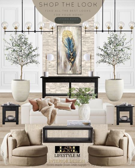 Neutral with a pop of color transitional, modern farmhouse living room. Black wood coffee table, black wood end table, beige accent chair, white sofa, neutral throw pillows, terracotta vase, decor books, white terracotta tree planter pot, realistic fake tree, black wood console table, feather wall art, modern chandelier, modern table lamp, jute beige rug. 

#LTKFind #LTKstyletip #LTKhome