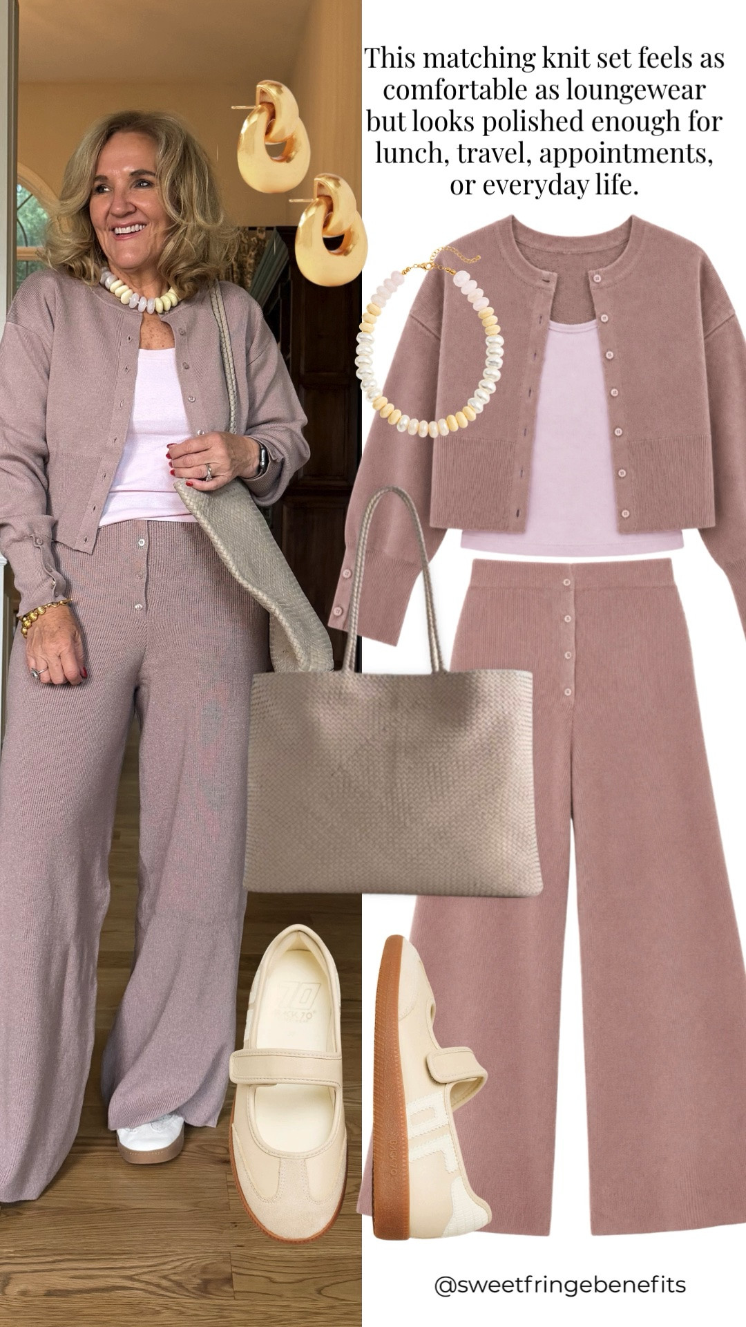 This knit set is one of those outfits that works for so many occasions. 🤍 Perfect for cooler weather, travel days (especially if you're always freezing on planes ✈️), or simply looking put together while staying comfortable.

I'm wearing the medium sweater, medium petite pants, and a blush tank underneath. The sweater has a flattering fitted silhouette, while the pants are relaxed with a great drape—I'd recommend sticking with your true size so they keep that effortless fit. The petite length is a great option if you need it!

The little button details on the pants are just for looks, but they add such a chic touch. Pair it with sneakers for errands or travel, or dress it up with loafers or boots for an elevated casual look.

✨ Cozy, polished, and easy to wear—this is a set you'll reach for all season.

#LTKOver40 #LTKTravel #LTKSeasonal