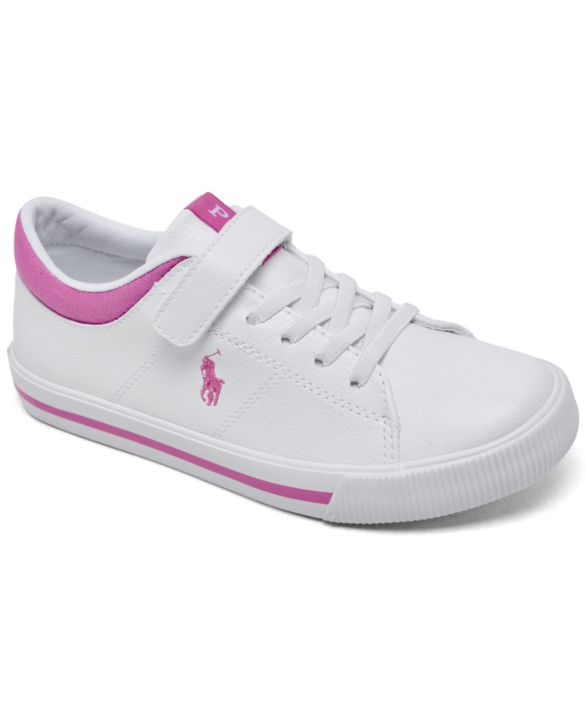 Polo Ralph Lauren Little Girls Elmwood Fastening Strap Casual Sneakers from Finish Line - White, Pink | Macy's