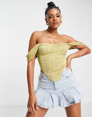 Femme Luxe off shoulder crinkle detail corset top in soft lime | ASOS (Global)