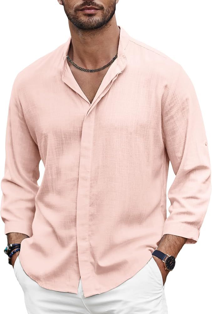 COOFANDY Mens Linen Shirts Casual Button Down Shirt Lightweight 3/4 Sleeve Summer Beach Tops | Amazon (US)