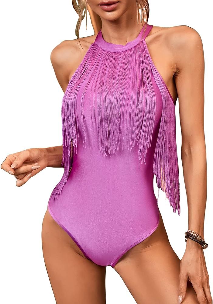 SheIn Women's Fringe Sleeveless Bodycon Bodysuit Top Solid One Piece Cami Jumpsuit | Amazon (US)