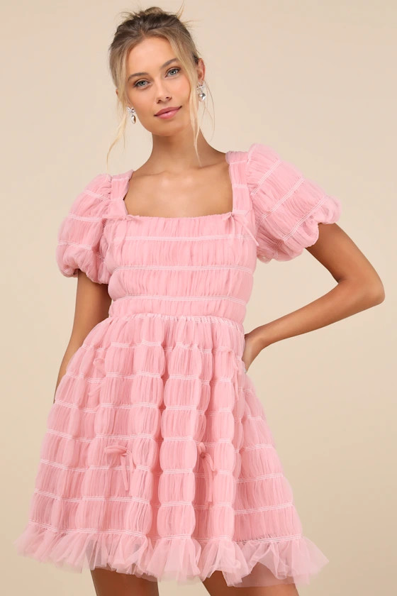 Utterly Adored Pink Tulle Textured Puff Sleeve Bow Mini Dress | Lulus