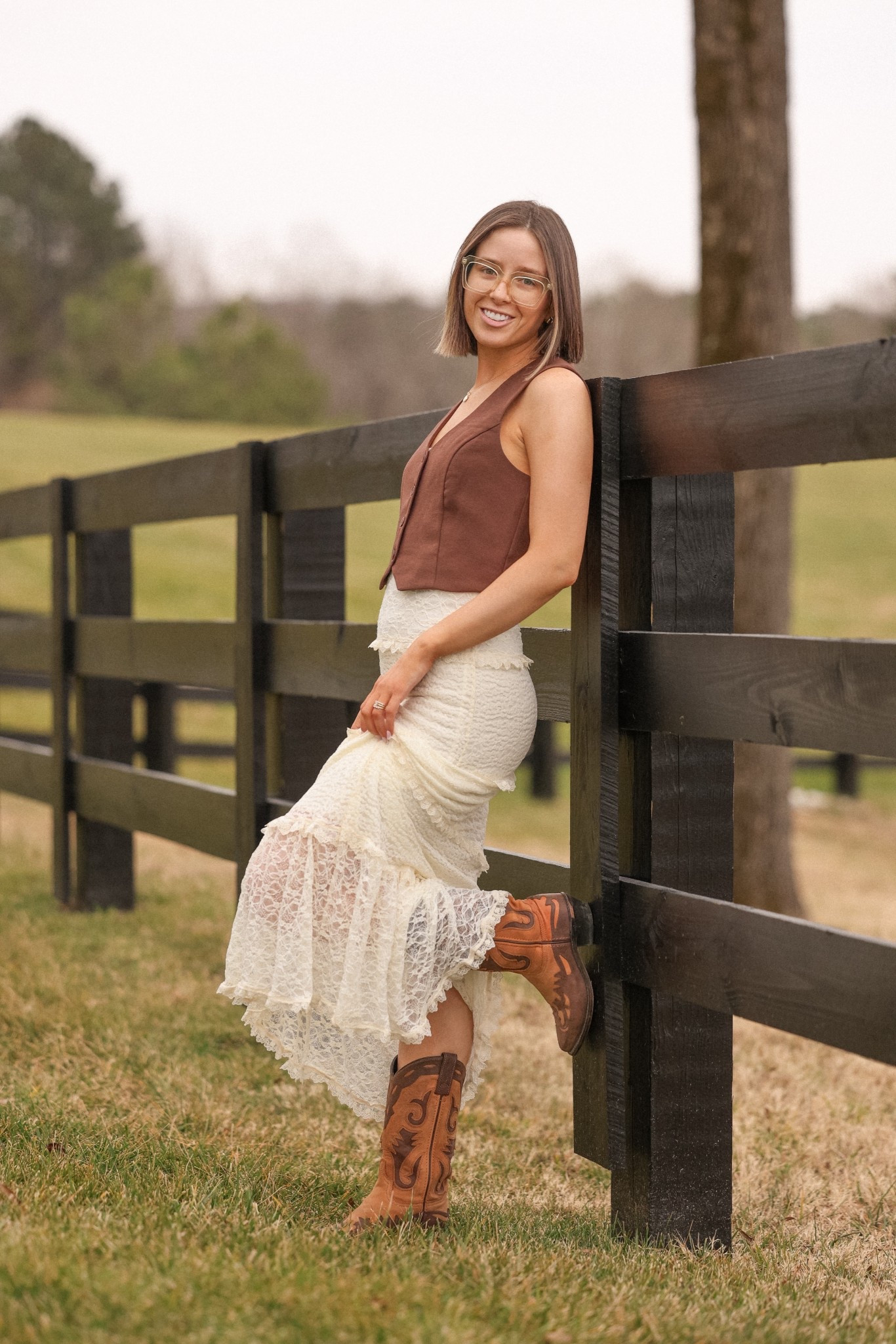 What I wore for a western style photoshoot. I threw this look together with random items I found last second and it actually came together so cute!

Brown cropped vest, cream tiered ruffle lace maxi dress and Sage brown cowboy boots 

Sage 4561 women's brown leather wingtip western boots with a snip toe and 1 1/2" heel

Maxi dress, lace maxi dress, lace dress, cream dress, cropped vest, cowboy boots, western boots, western outfit, photoshoot outfit, country concert outfitt, western dress, western skirt 

#LTKPetite #LTKSeasonal #LTKootd
