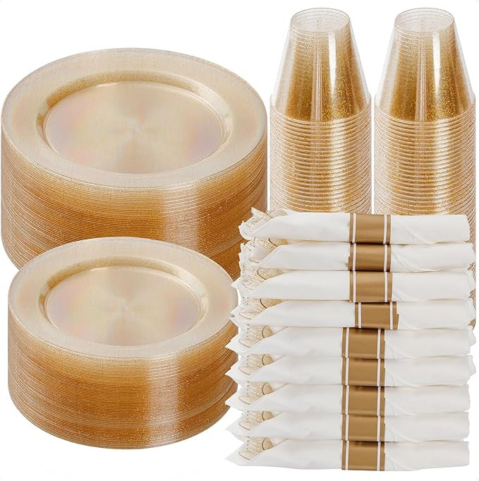 350 Piece Gold Glitter Plastic Dinnerware Set for 50 Guests, Fancy Disposable Plates for Party, I... | Amazon (US)