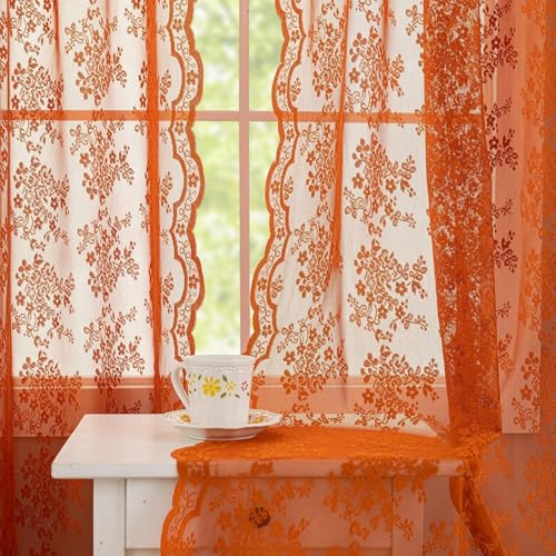 Orange Lace Curtains 72 inches Length Rustic Floral Sheer Voile Copper Brown Burtnt Orange Privacy Curtains for Dining Room Bay Window Farmhouse Boho Autumn Fall Decor Window Net Panels 52x72 | Amazon (US)