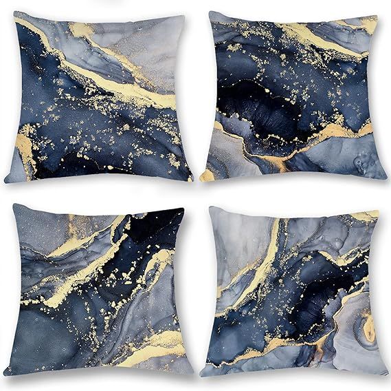 OUz Grey Marble Texture Navy Blue and Gold Soft Velvet Throw Pillow Covers, Abstract Art Modern D... | Amazon (US)