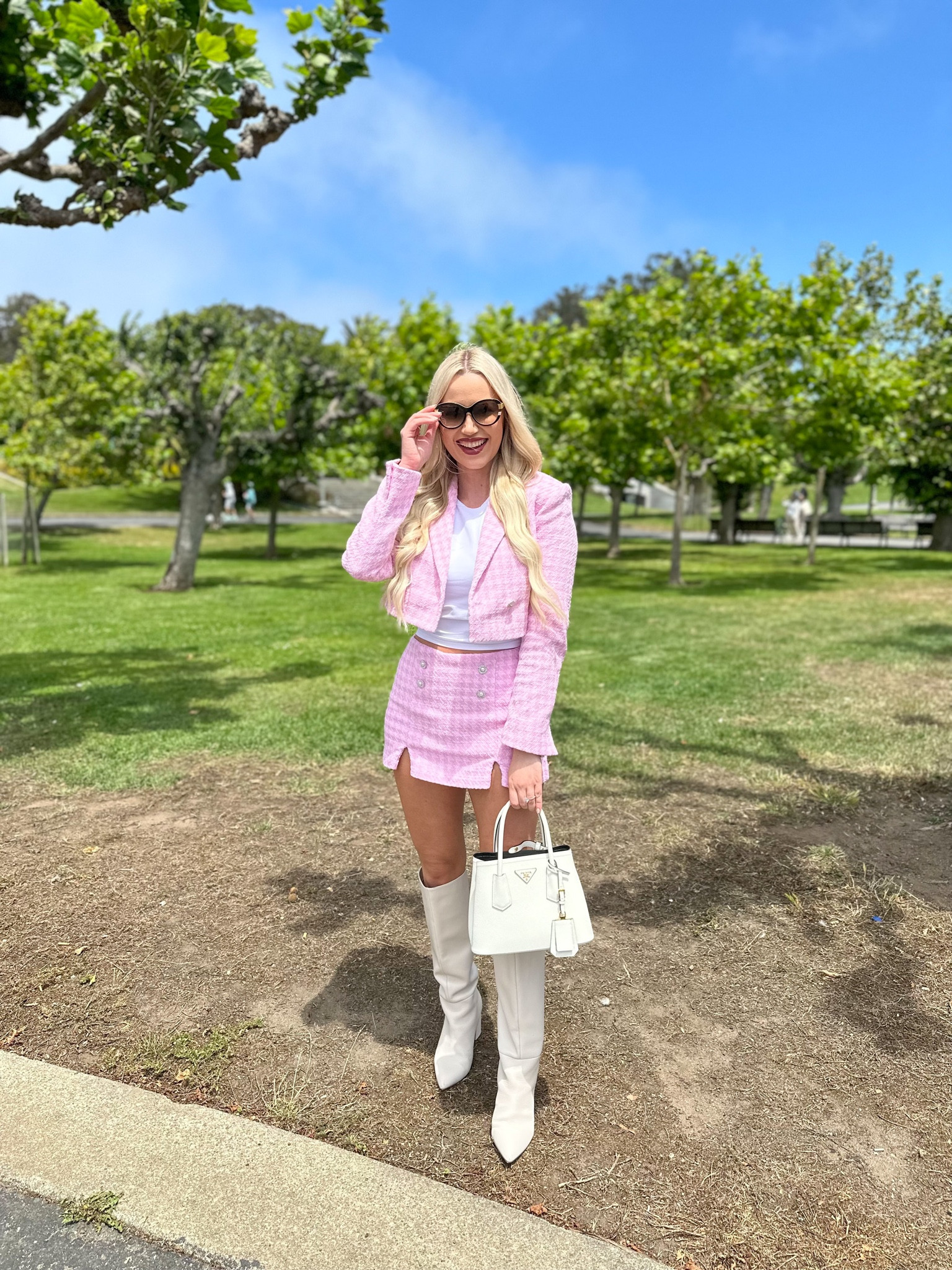 Tweed set from Zara- linking dupes below!

Cropped blazer | Pink tweed | Plaid | Barbie | Barbiecore | Coords | Coordinated Set | Matching set | Preppy