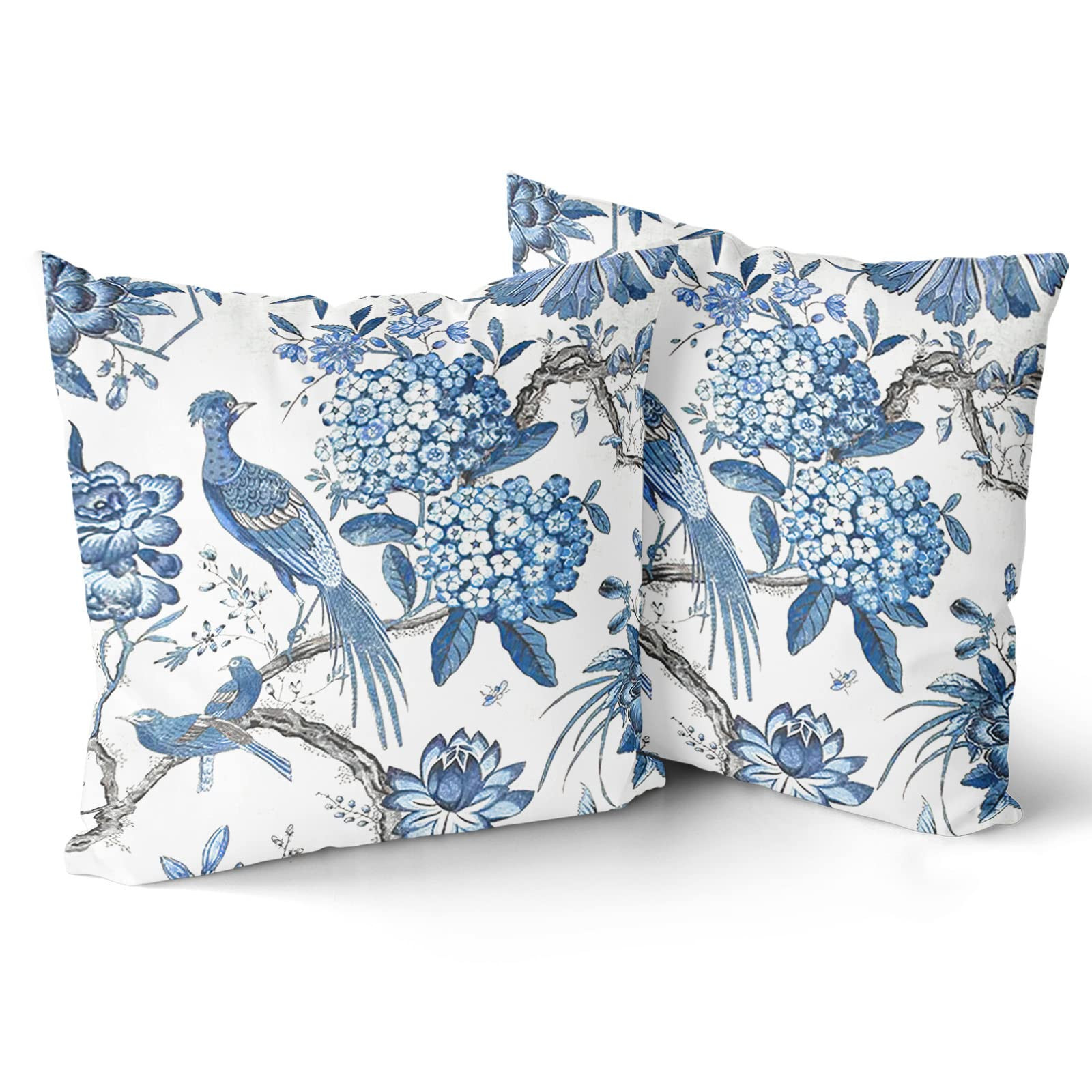 Chinoiserie Pillow Cover Set of 2 Blue and White Outdoor Pillows Blue Birds Flowers Cotton Decora... | Amazon (US)