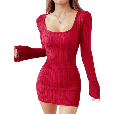 Women's Square Neck Ribbed Long Sleeve Bodycon Dress Casual Knit Mini Dresses Red S | Target