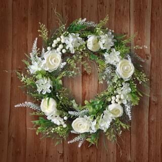 18 in. Artificial White Hydrangea and Rose Wreath | The Home Depot