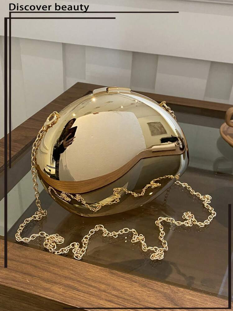 1pc New Fashion Personalized Gold Acrylic Shell Bag, Elegant Shiny Oval Hand Clutch Party Bag, Luxurious Hard Case Box Type Bag With Front Electroplating Metal Color Glossy Unique Party Bag With Metal Chain Strap, Suitable For Women, Wedding And Party Gift, Perfectly Matching With Prom Accessories, Best Choice Elegant Bag For Bridal Shower | SHEIN