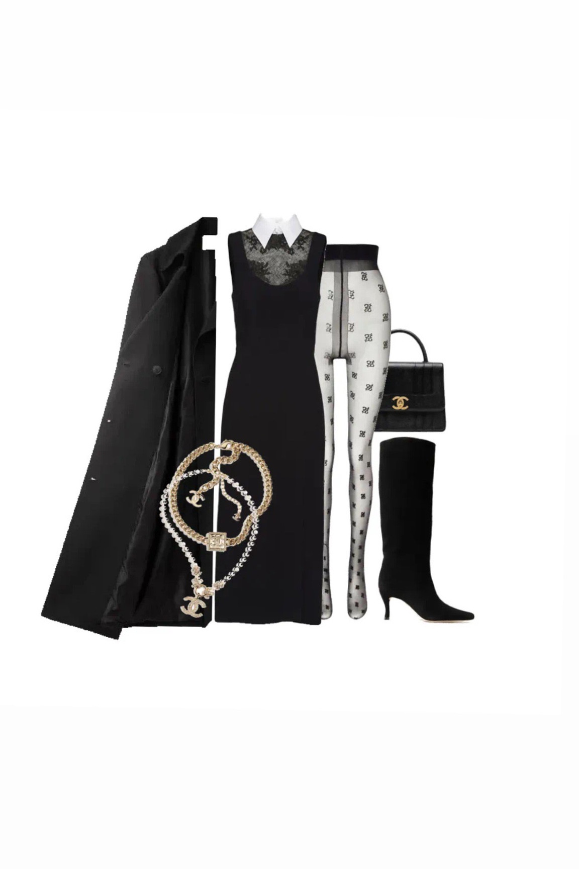 Black collared work dress 
Black wool coat 
Black knee high boots 
Chanel necklace 

#LTKworkwear #LTKSeasonal #LTKBacktoSchool