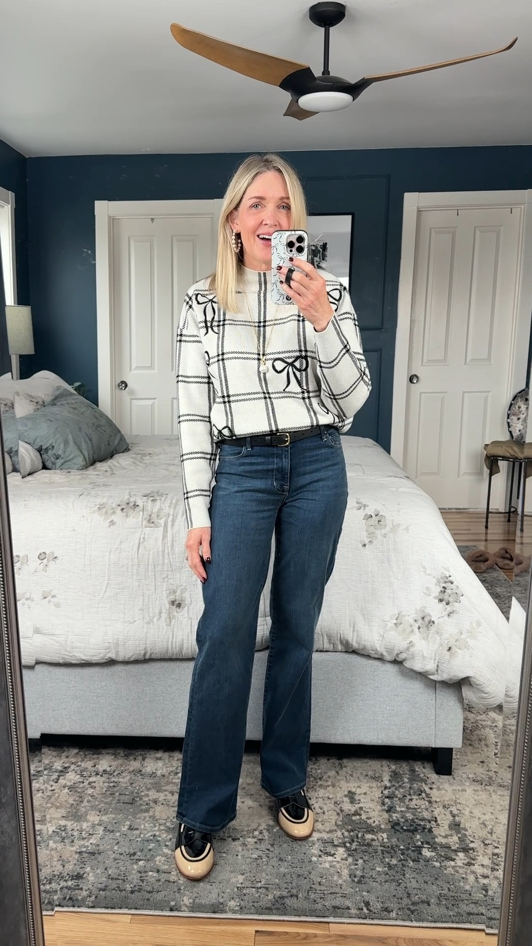 Casual and festive holiday outfit. Anthropologie sweater wearing XS, Fidelity denim wearing 25 Cecelia NY loafers, J Crew pearl hoops, Melinda Maria pearl pendant necklace.

Holiday outfit, winter outfit, bow sweater, Anthropologie finds, fashion over 40, mom looks, affordable outfit 

#LTKHoliday #LTKOver40 #LTKootd