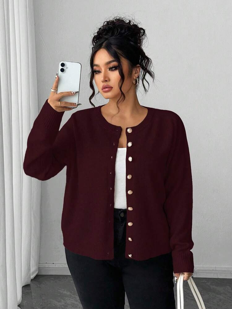 Elenzga Plus Size Casual Solid Color Gold Button Long Sleeve Cardigan | SHEIN