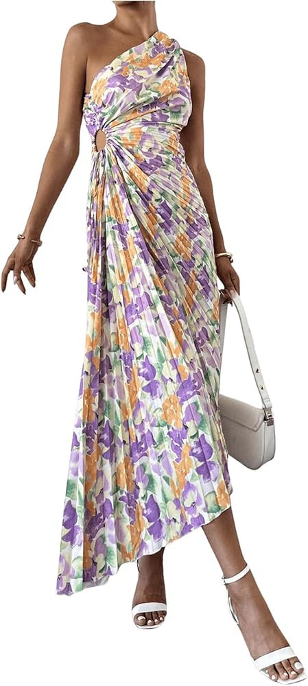 MakeMeChic Women's Casual Striped Cut Out One Shoulder Sleeveless High Waist Summer A Line Maxi D... | Amazon (US)